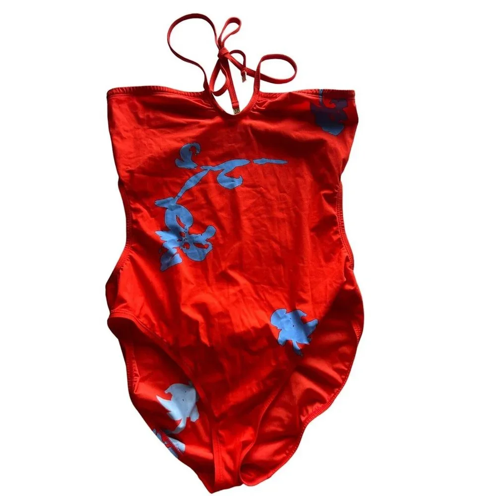 Tory Burch Red One-Piece Swimsuit with Blue Floral Print